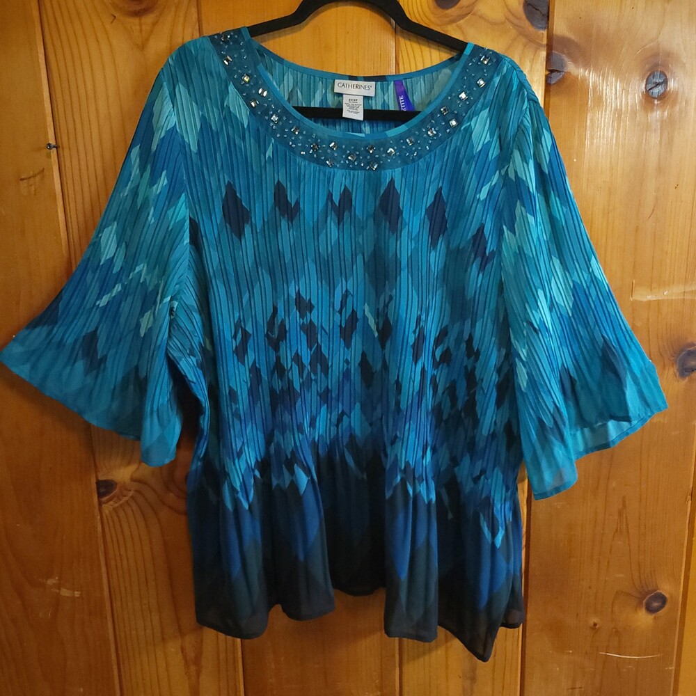 Catherines 3XWP Blue Polyester Shirt Plus Size Embellished Neckline